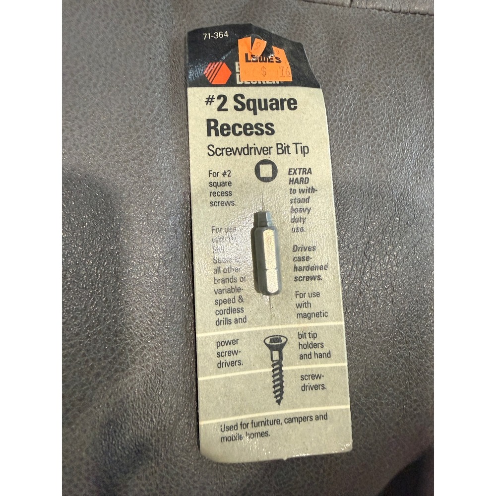 Black & Decker 71-364 #2 Square Recess Screwdriver Bit Tip Extra Hard Vintage
